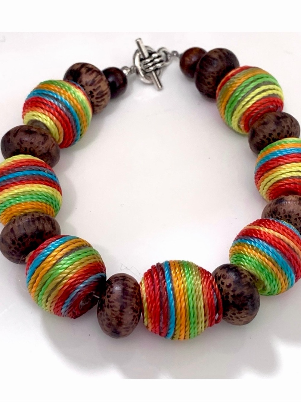 Colorful Fabric & Wood Beaded Bracelet